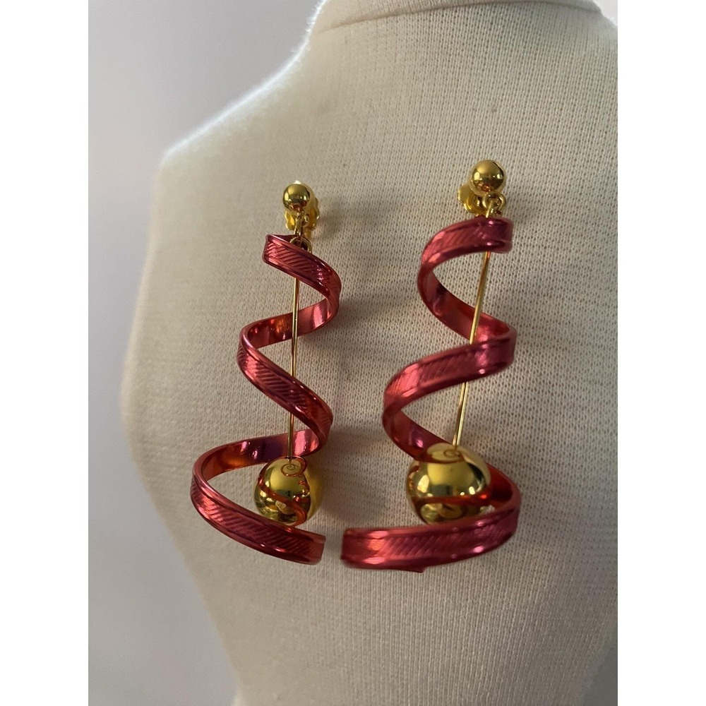 Modern Metallic Red Spiral Drop Earrings Gold Tone Bead Statement Dangle Studs
